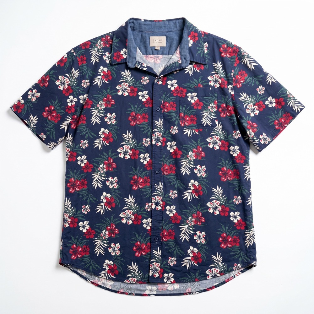 JACHS New York XL Navy Blue Floral Camp Shirt Short Sleeve Boho Coastal Festival